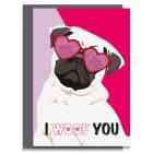 love valentines greeting card cat card eco friendly, plastic free, valentines card, printed in the UK, lorna syson, british designer, british card designer pug i woof you
