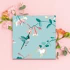 Illustrated birthday card with Blackbird for RSPB, 10% of sales go directly to the charity with blue plants behind. Happy birthday card, FSC sustainable RSPB greeting card pack hummingbird greenfinch long tailed tit art cards charity art pack