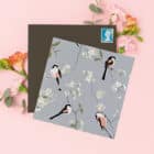 Illustrated birthday card with Blackbird for RSPB, 10% of sales go directly to the charity with blue plants behind. Happy birthday card, FSC sustainable RSPB greeting card pack hummingbird greenfinch long tailed tit art cards charity art pack