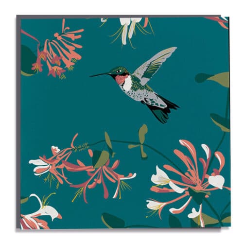 hummingbird teal greeting card with honeysuckle branches