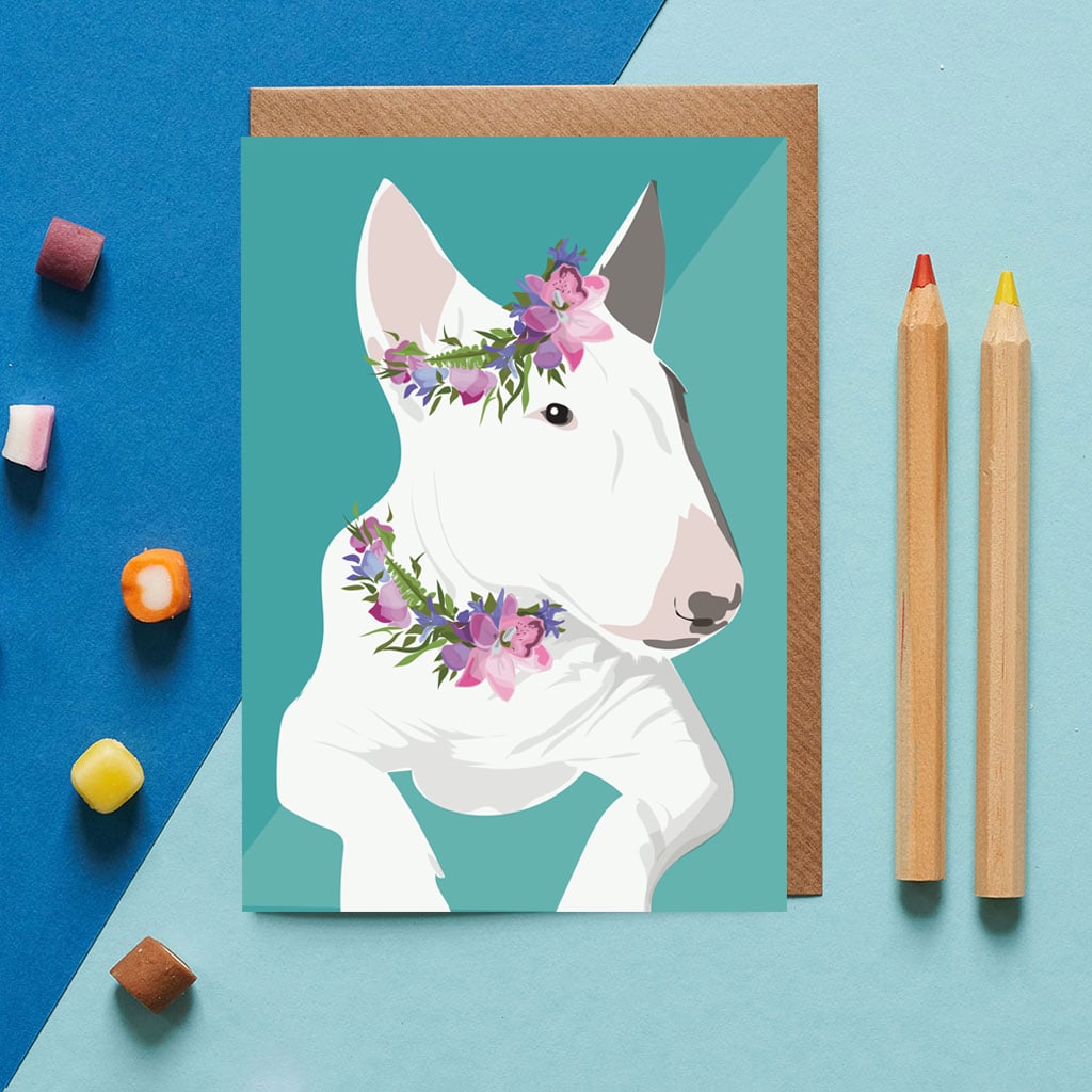 Heidi the Bull Terrier wearing a flower crown designed by Lorna Syson