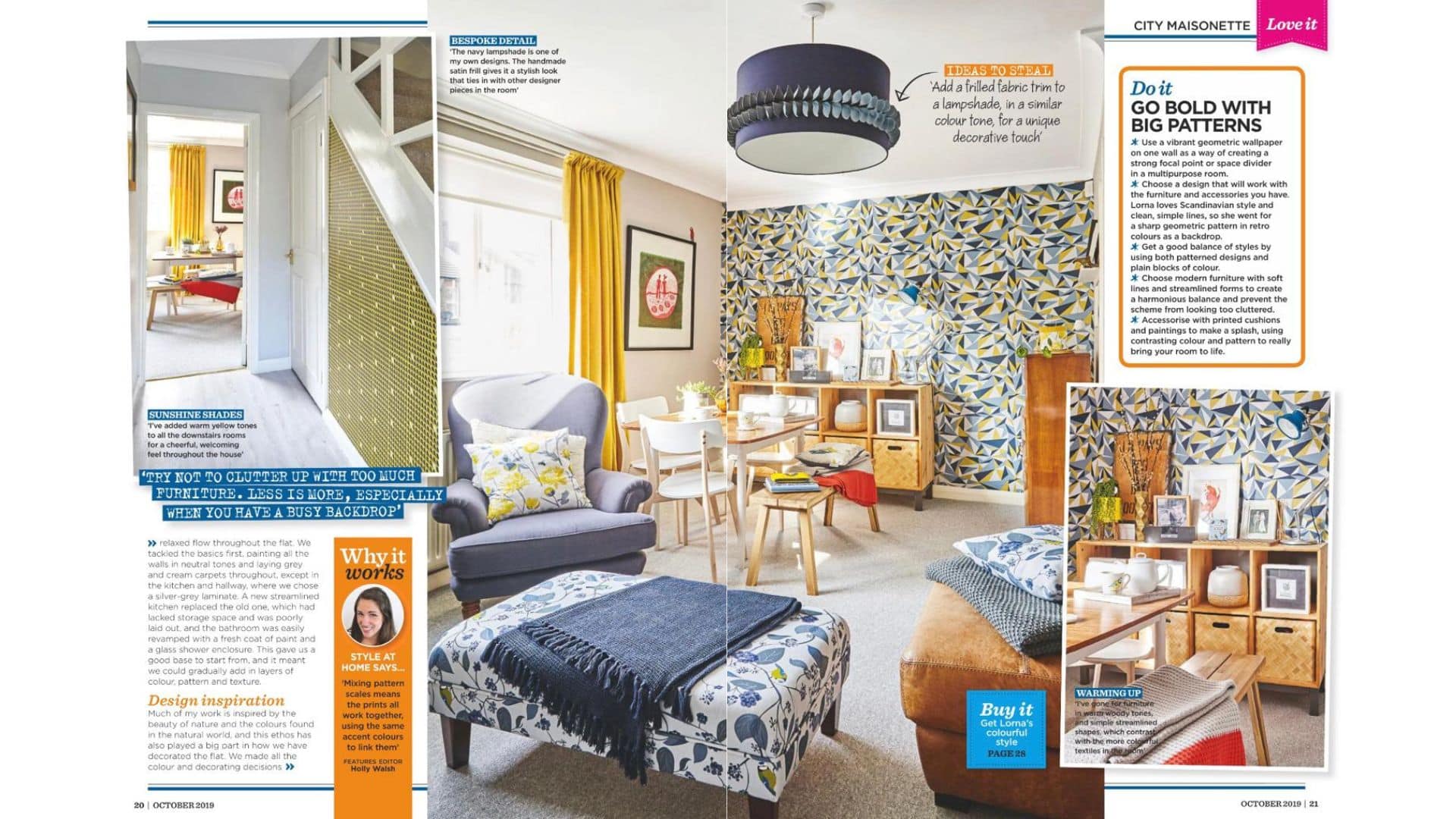 Colourful maisonette dining area with geometric wallpaper, yellow curtains and patterned upholstery.