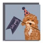 greeting card plastic free sustainable FSC recycled card British Made UK designer cockapoo dog with lets party flag and party hat celebration card birthday card