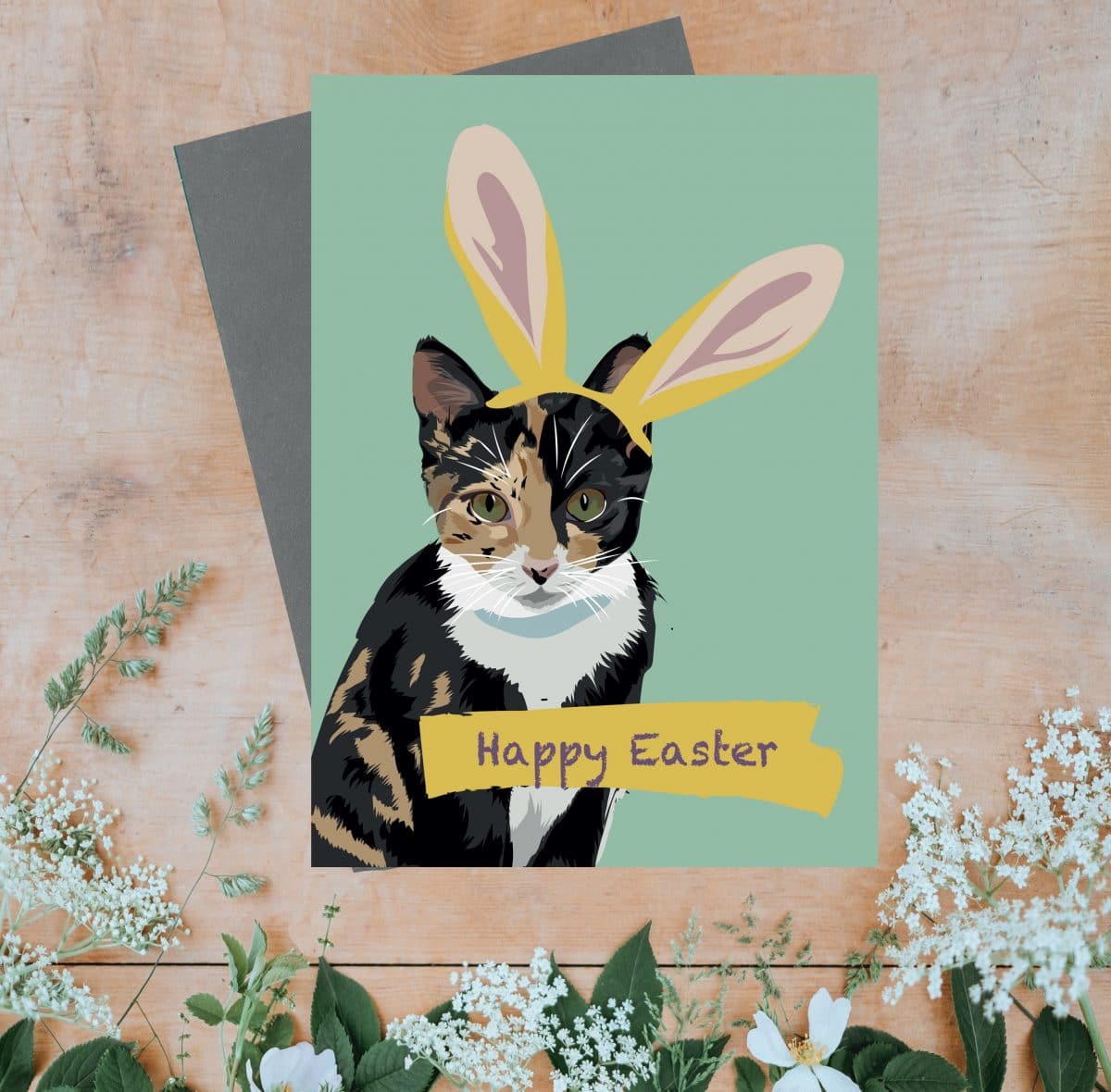 Happy Easter greeting card with tabby cat wearing bunny rabbit ears, greeting card, designer greeting card, plastic free, FSC, recycled card
