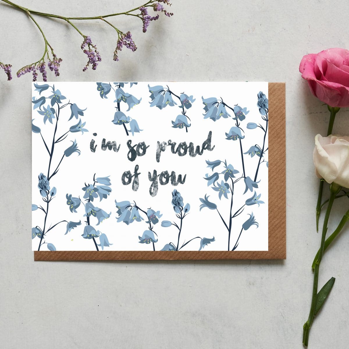 Greetings Card Luxury Designer Personalised Message Sustainable Environmentally Friendly paper from an FSC-certified supplier Plastic Free - chocolate labrador - I'm so proud of your bluebell
