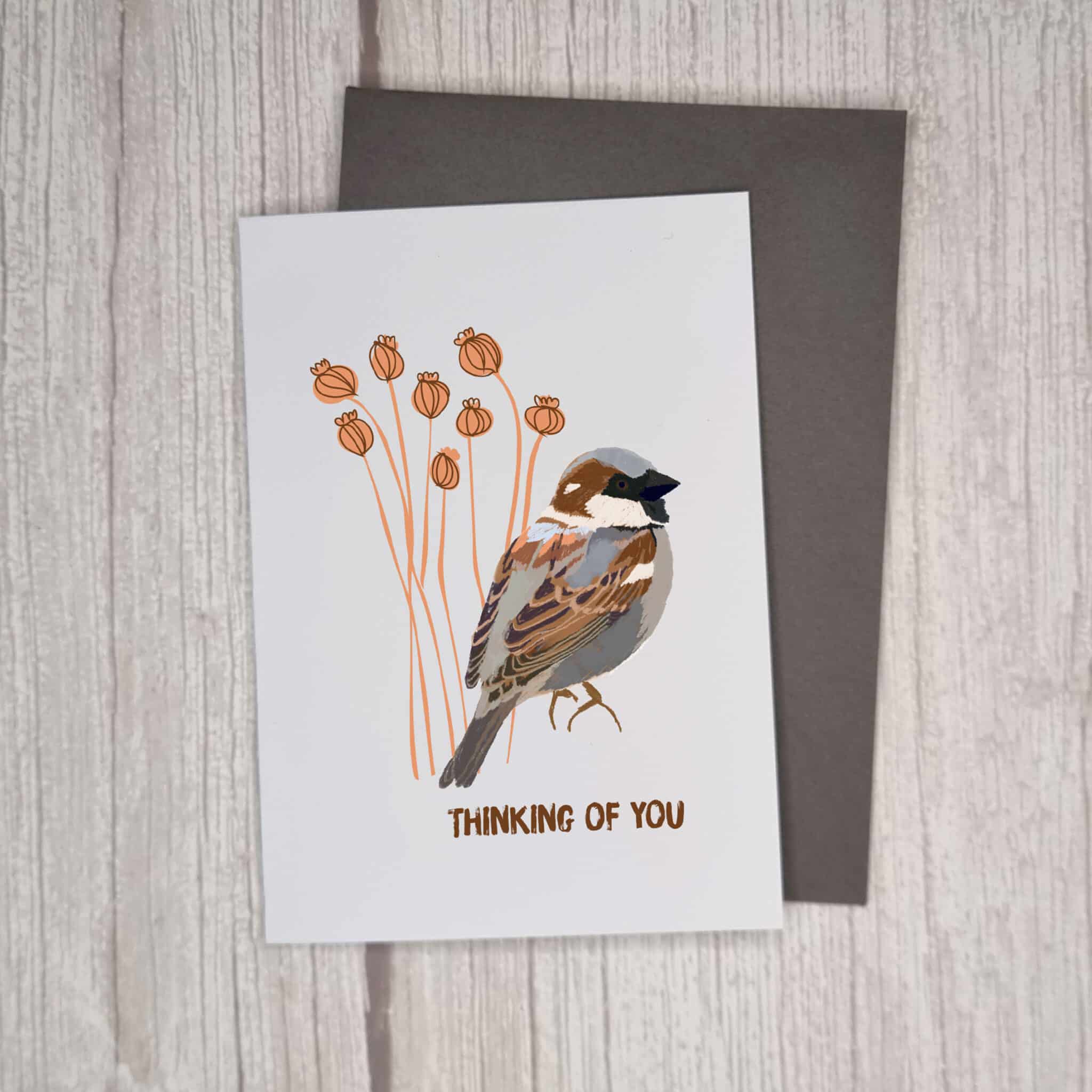 sparrow greeting card, thinking of you greeting card, british designer, award winning designer, luxury greeting card