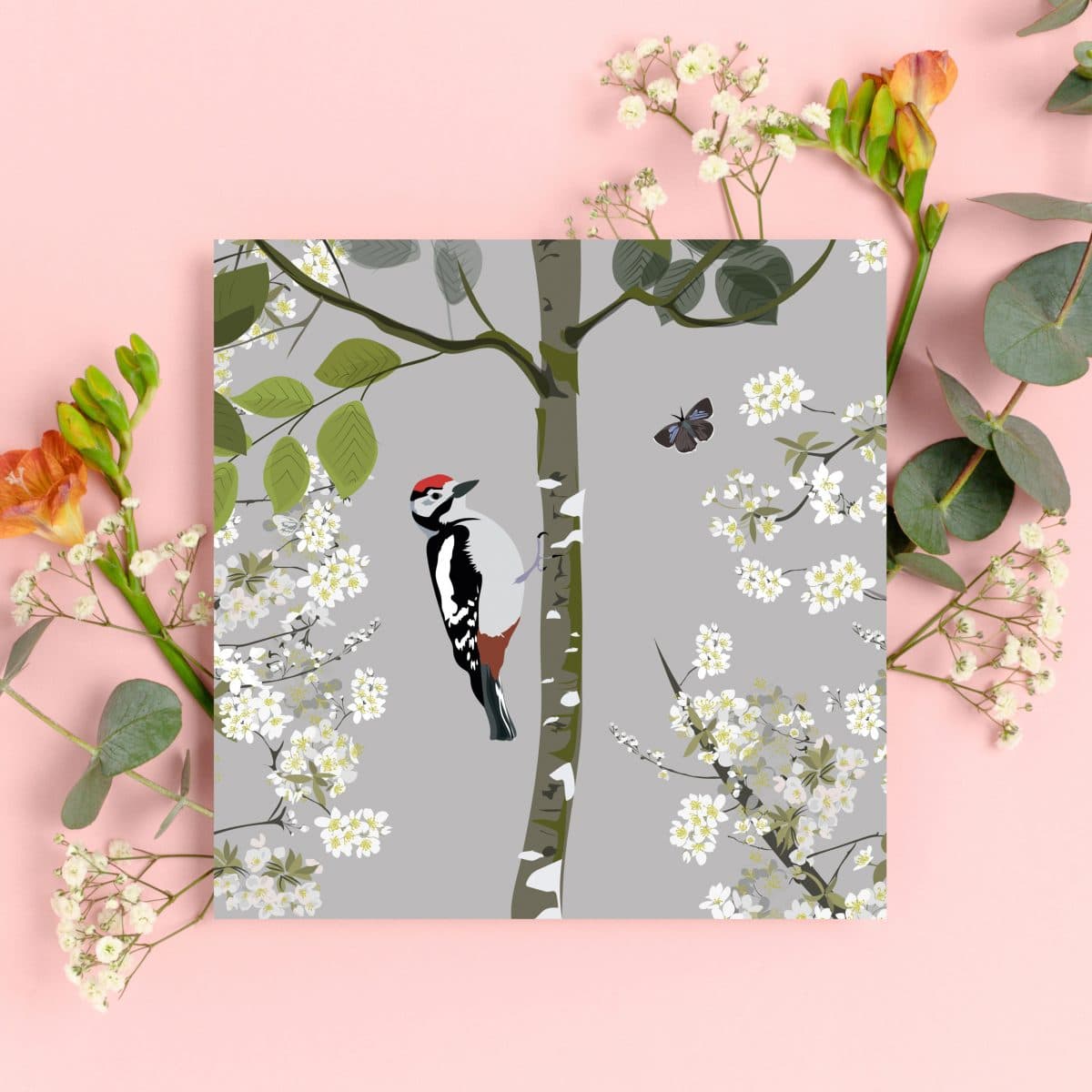 Watlington collection Card - Woodpecker greeting card sustainable plastic free cherry blossom ecofriendly
