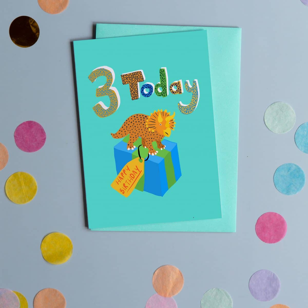 3 Today Birthday Dinosaur greeting card with present Roarsome Birthday Dinosaur greeting card sustainable FSC recycled plastic free illustration dinosaur birthday greeting card British made UK