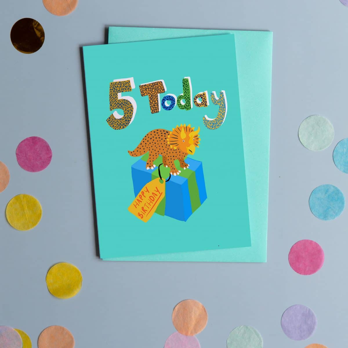 5 Today Birthday Dinosaur greeting card with present Roarsome Birthday Dinosaur greeting card sustainable FSC recycled plastic free illustration dinosaur birthday greeting card British made UK