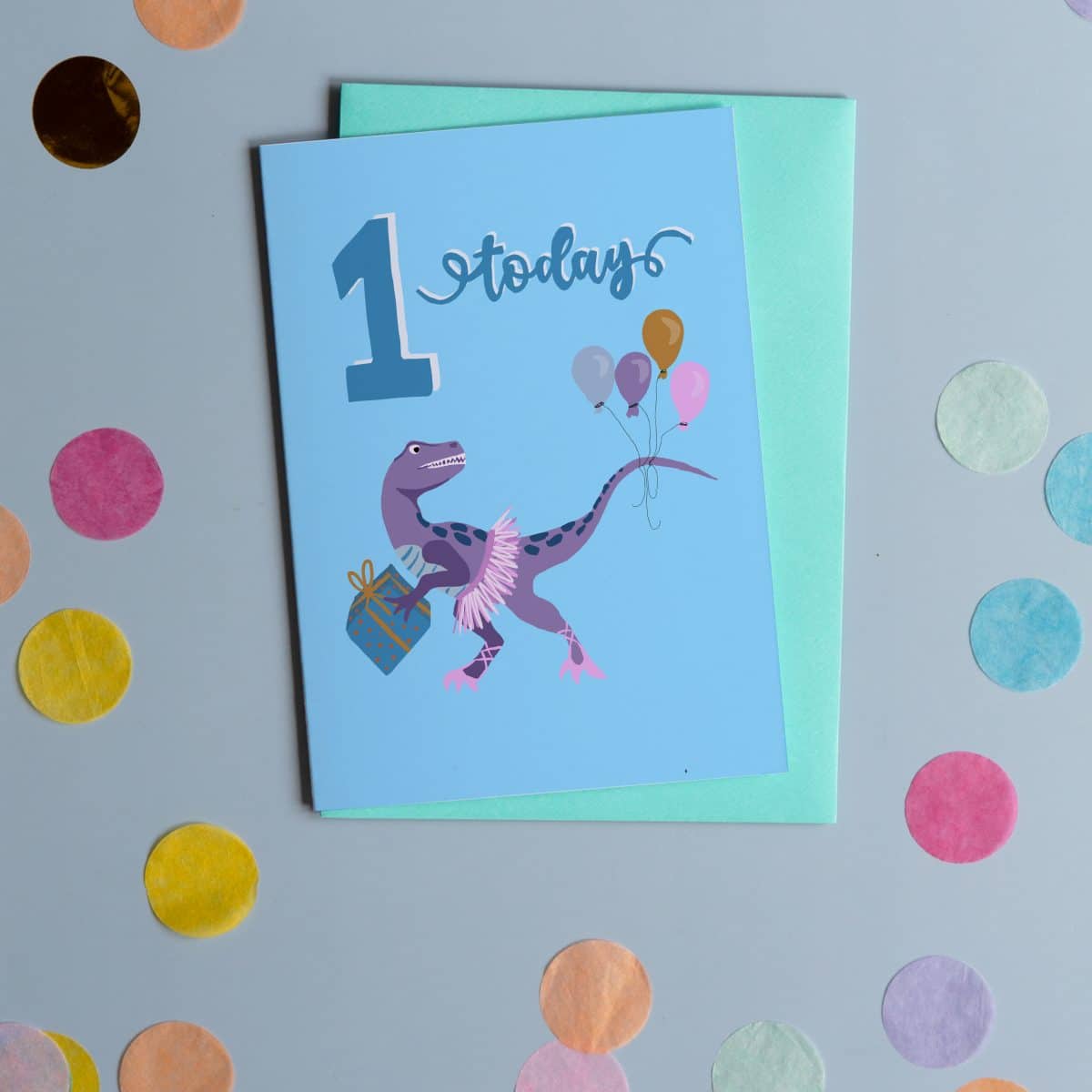 1 Today Birthday Ballet Dinosaur greeting card sustainable FSC recycled plastic free illustration dinosaur birthday greeting card British made UK