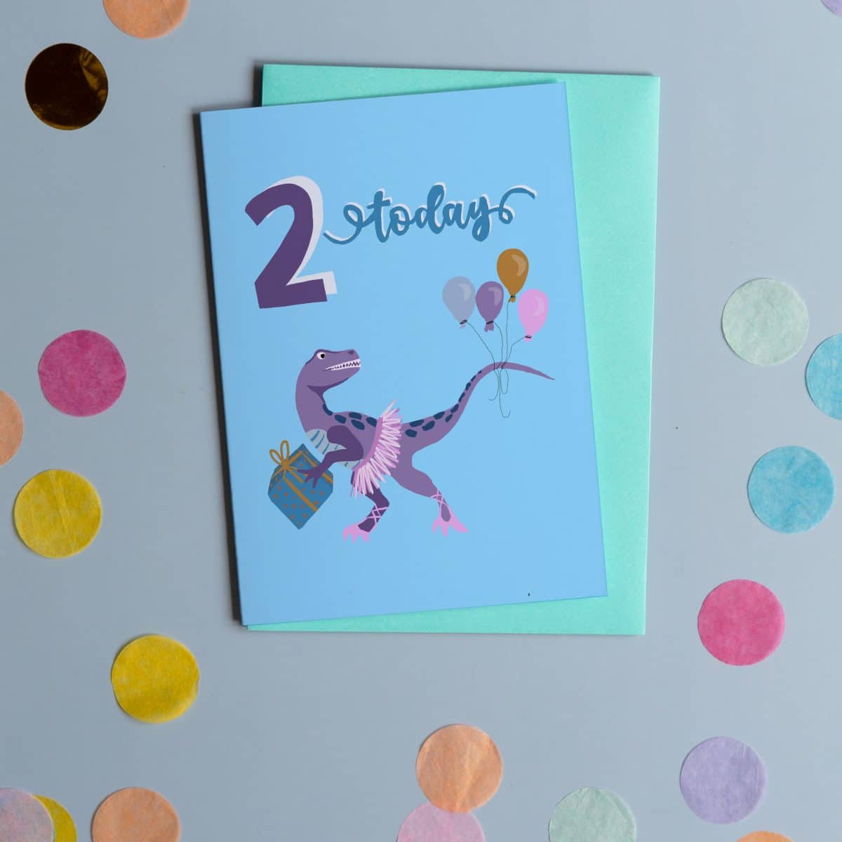 2 Today Birthday Ballet Dinosaur greeting card sustainable FSC recycled plastic free illustration dinosaur birthday greeting card British made UK