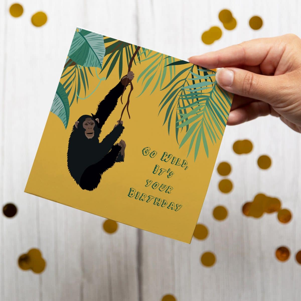 jungle greeting card, big cat, tiger, leopard, birthday card, plastic free FSC sustainable monkey chimp go wild its your birthday