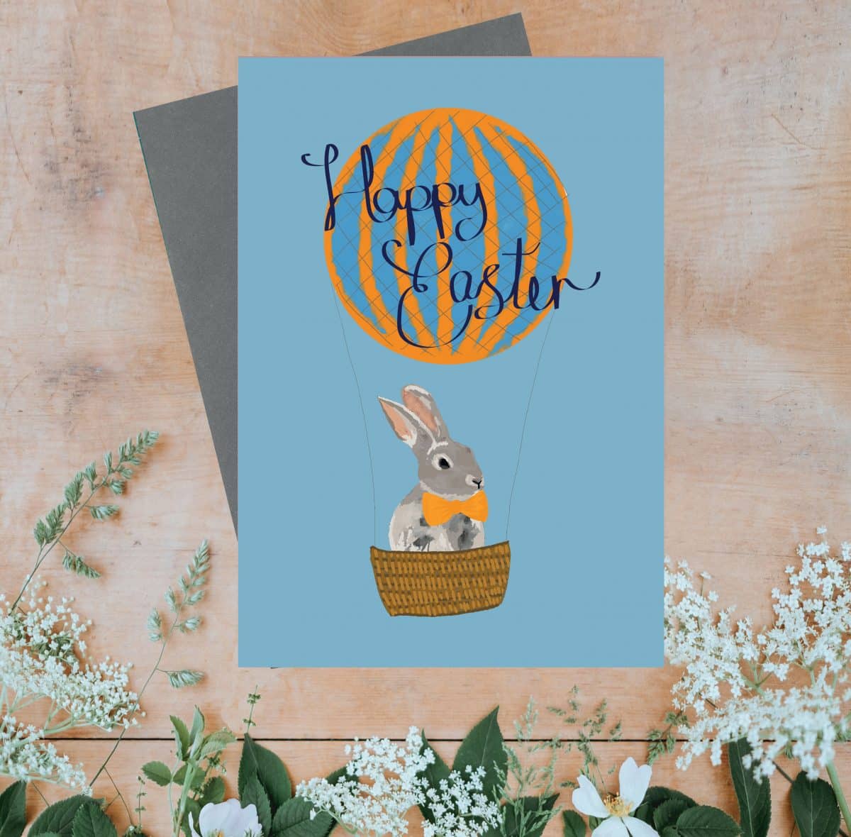 sustainable greeting card plastic free FSC recycled card easter rabbit in hot air balloon