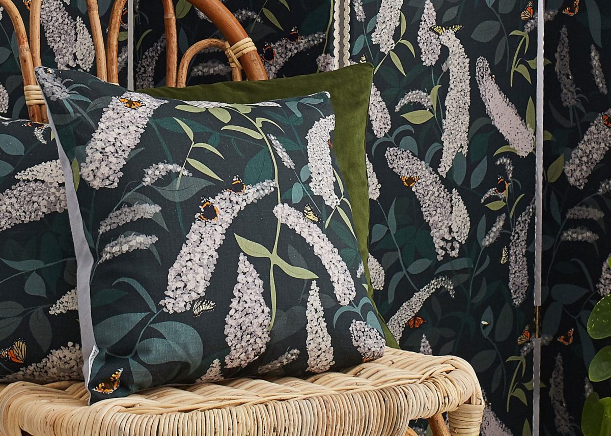 cushion, bird cushion, floral cushion, luxury cushion, designer cushion, uk designer, RSPB cushion, designer home, designer interiors, bird design, buddleia cushion - green hues - Lorna Syson