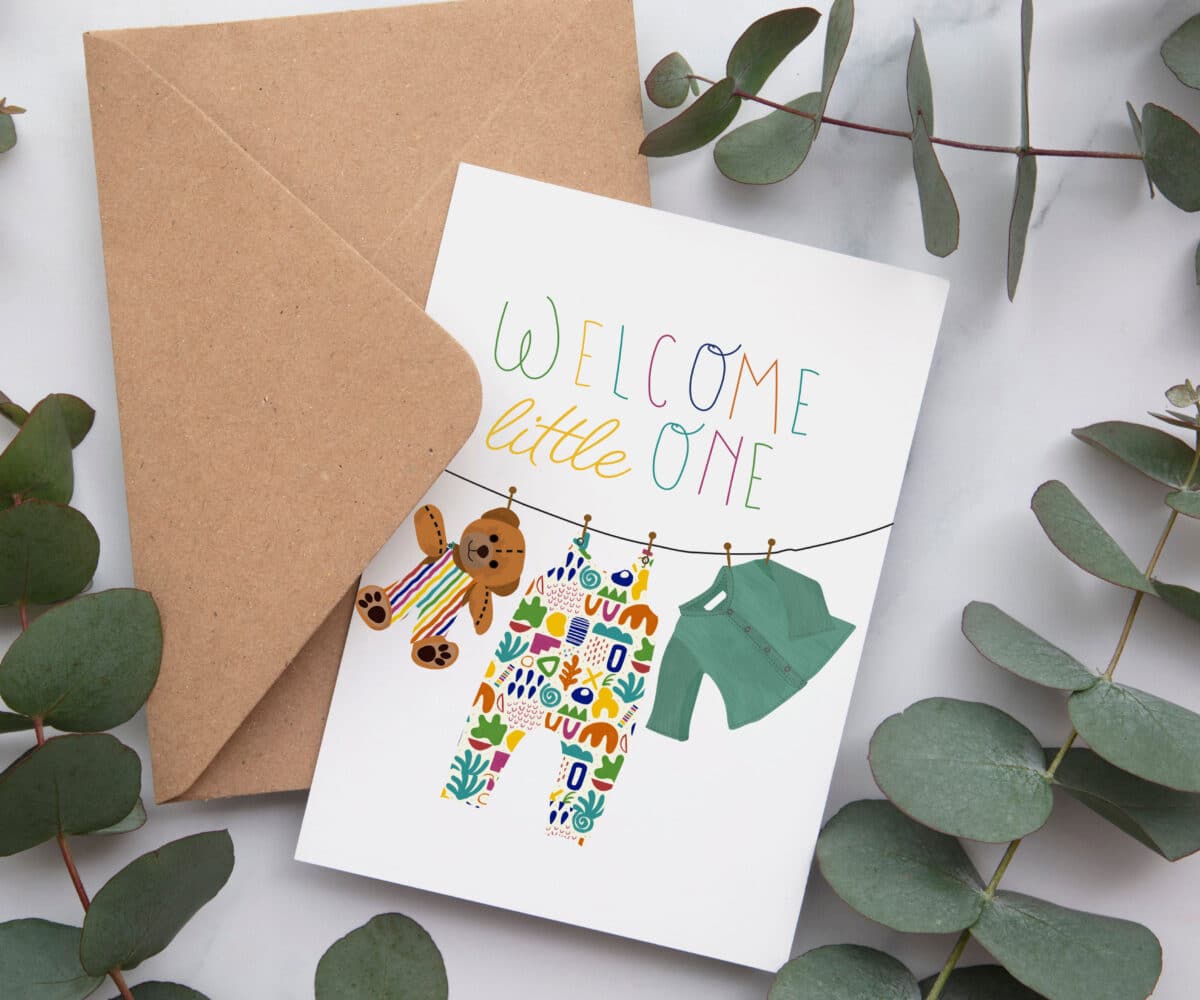welcome little one greeting card, new baby card, luxury UK greeting card, designer greeting card, collaboration, raph and rose