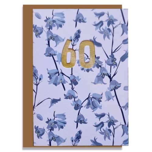 personalised 60th birthday card. Luxury designer greeting card with bluebell design. Bespoke cut out numbers
