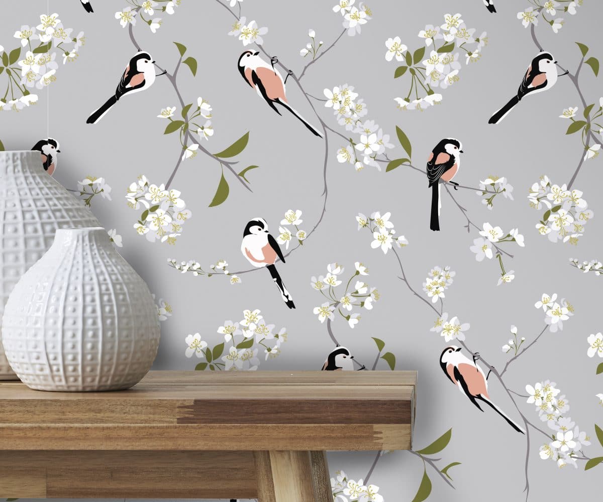 wallpaper, wallpaper deisgn, british wallpaper designer, designer home, hummingbird wallpaper grey wallpaper RSPB Blossom and Bird grey wallpaper designed by Lorna Syson