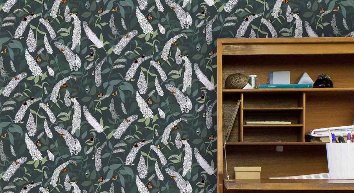 Designer Buddleia Wallpaper - Flowers and Butterflies - Lorna Syson