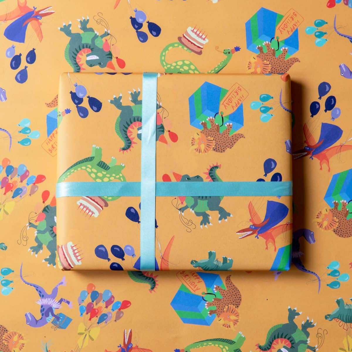 dinosaur wrapping paper dino wrap illustration british designer gift wrap FSC sustainable recycled paper dino