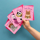 Meowy Christmas card featuring a grey kitten in a pink and purple stocking, photographed with Christmas decorations lorna syson