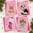 Meowy Christmas card featuring a grey kitten in a pink and purple stocking, photographed with Christmas decorations