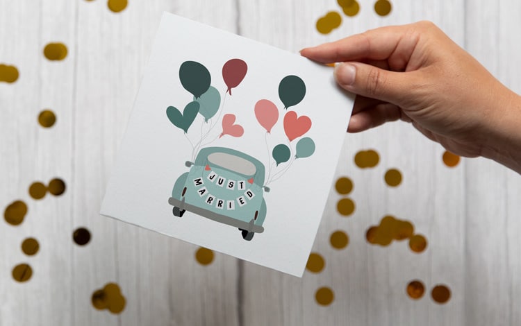 greeting card stationery FSC recycled paper plastic free sustainable thank you illustration printed in the UK made in Britain wedding card just married car wedding car balloons