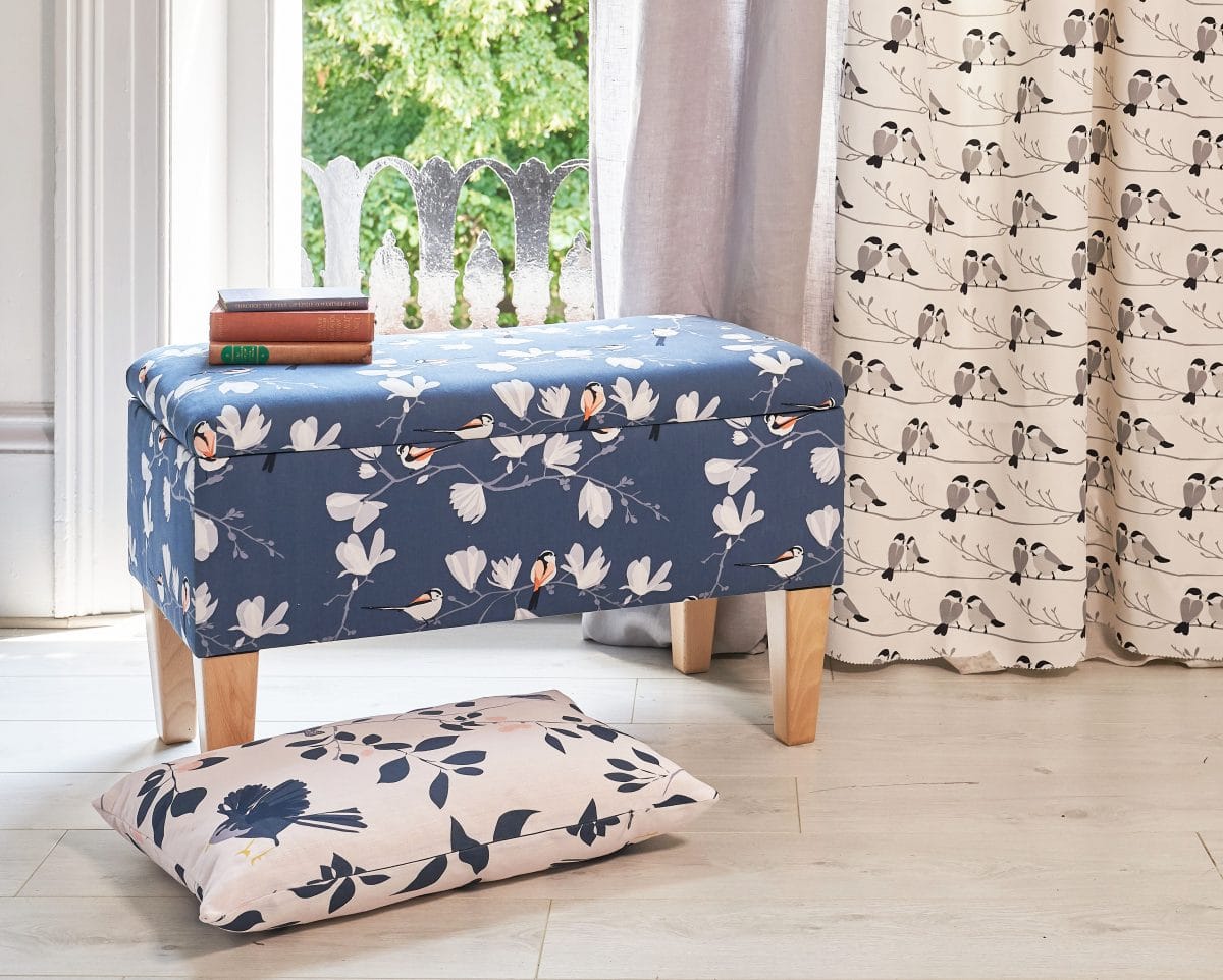 Long-tailed tit bird fabric design on an Ottoman by British Designer Lorna Syson on 100% cotton. luxury fabrics