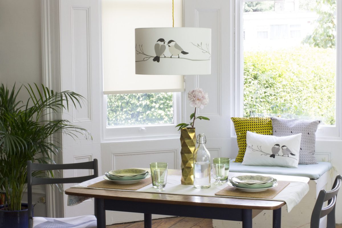 Grey bird lampshade - willow tit bird design - lorna syson homeware