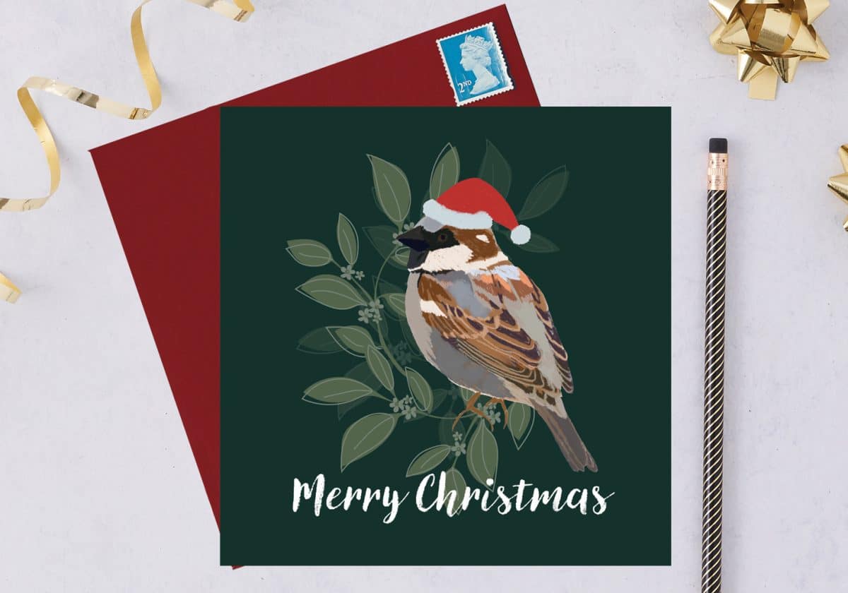 sparrow charity christmas card, blue tit card, christmas card, RSPB card