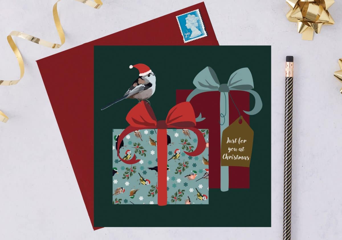 charity christmas card, blue tit card, christmas card, RSPB card long tailed tit