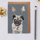 Christmas Card Luxury Designer Personalised Message Sustainable Environmentally Friendly paper from an FSC-certified supplier Plastic Free - Christmas Pug Arnie - Foiled