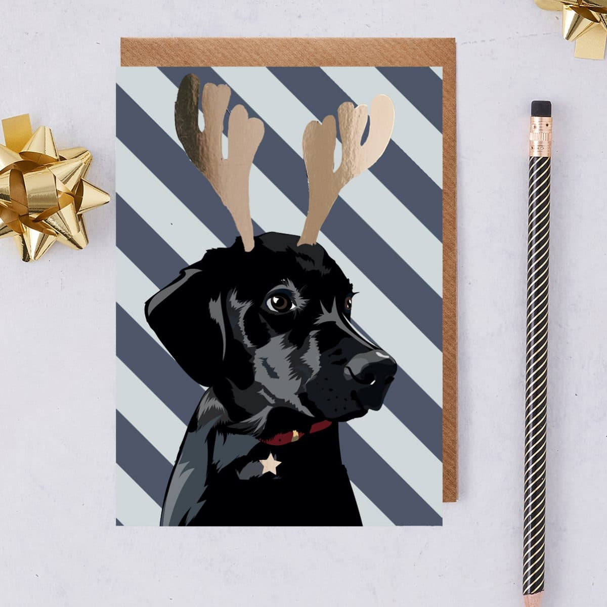 Christmas Card Luxury Designer Personalised Message Sustainable Environmentally Friendly paper from an FSC-certified supplier Plastic Free - Christmas Bolt - Black Labrador