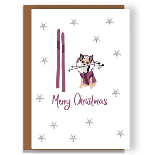 luxury christmas card, designer christmas card. Whipped on ski's wearing a winter outfit. sausage dog luxury Christmas card, Chihuahua dog