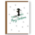 luxury christmas card, designer christmas card. Whipped on ski's wearing a winter outfit. sausage dog luxury christmas card,