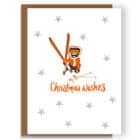 luxury christmas card, designer christmas card. Whipped on ski's wearing a winter outfit. Saffy dog, Staffordshire bull terrier illustration