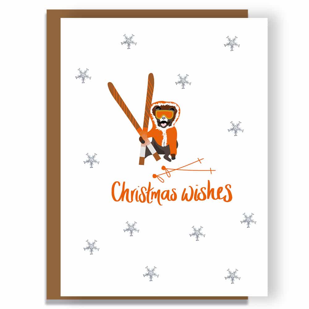 X083 luxury christmas card, designer christmas card. Whipped on ski's wearing a winter outfit. Saffy dog, Staffordshire bull terrier illustration