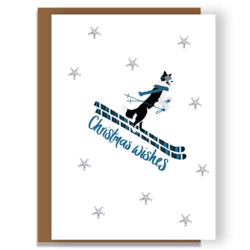 luxury christmas card, designer christmas card. Whipped on ski's wearing a winter outfit. border collie skiing dog