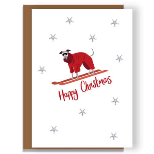 luxury christmas card, designer christmas card. Whipped on ski's wearing a winter outfit.