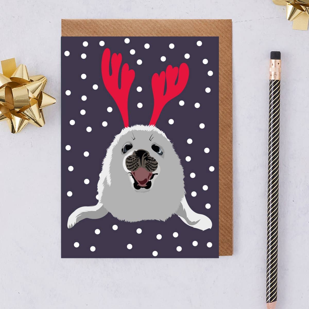 sustainable greeting card Christmas card FSC plastic free skiing dog Ski Chihuahua illustration made in uk british designer Christmas Card Seal Called Sami