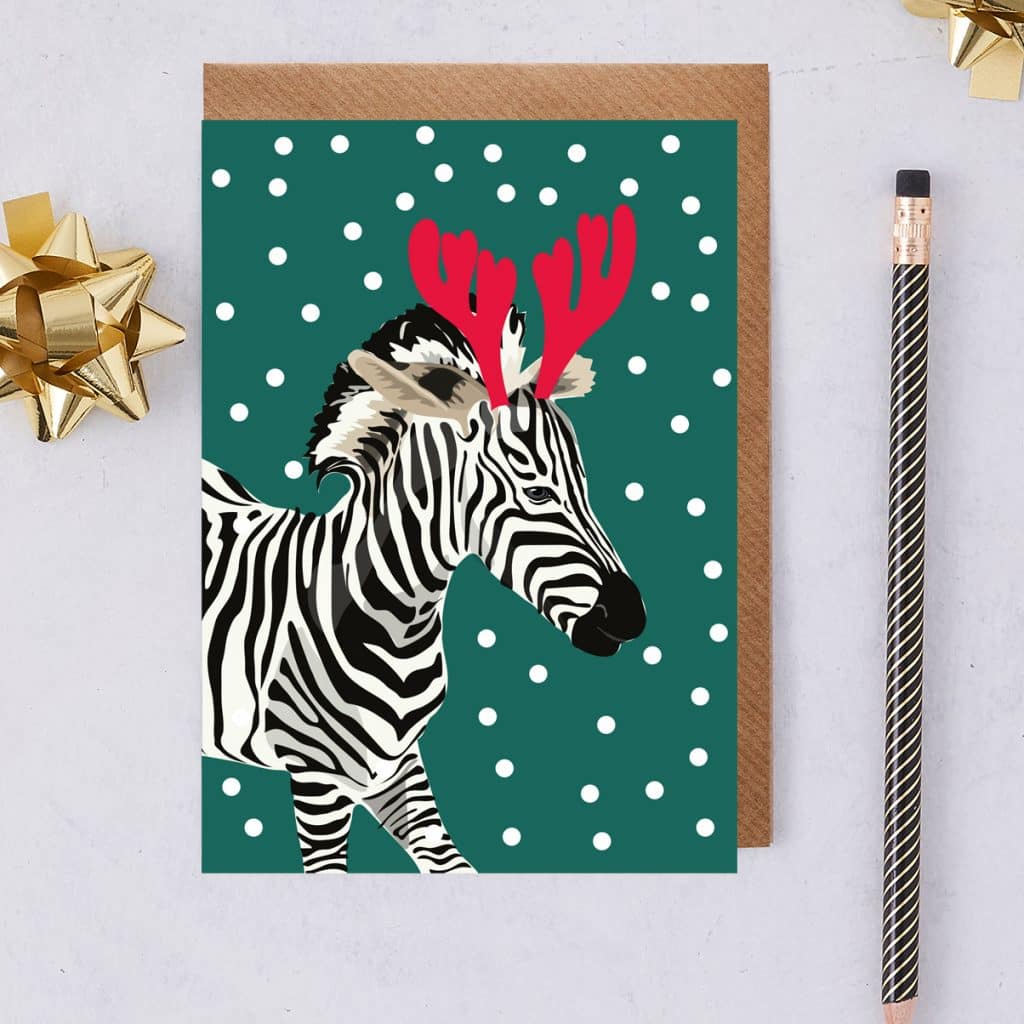 Zebra sustainable greeting card chrsistmas card FSC plastic free skiing dog Ski Chihuahua illustration made in uk british designer Christmas Card Zebra called Zoe