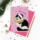 Feline Festive Christmas card featuring a black and white cat wearing a purple Christmas hat and gold-coloured tinsel on pink