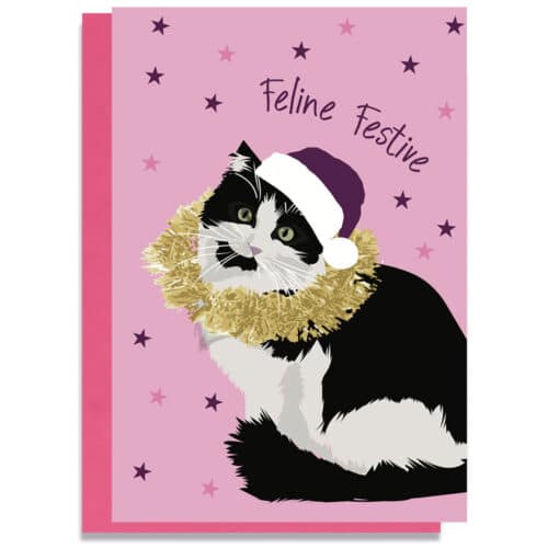 Feline Festive Christmas card featuring a black and white cat wearing a purple Christmas hat and gold-coloured tinsel on pink by lorna syson
