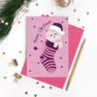 Meowy Christmas card featuring a grey kitten in a pink and purple stocking, photographed with Christmas decorations by lorna syson