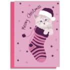 Meowy Christmas card featuring a grey kitten in a pink and purple stocking, photographed with Christmas decorations