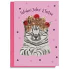 Fabulous, Feline & Festive Christmas card featuring a grey tabby wearing a tinsel and bauble crown on a pink background by lorna syson