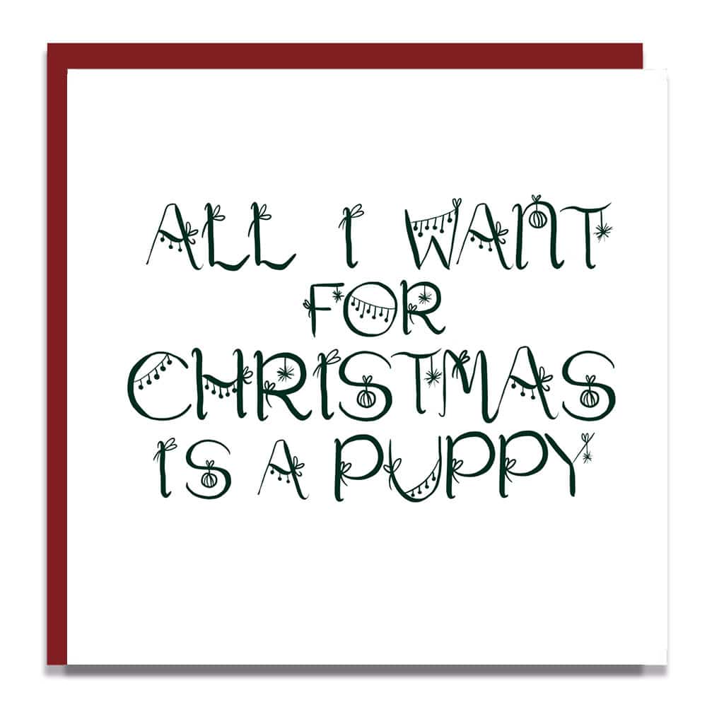X412 Christmas card, luxury Christmas card, noel Christmas card, designer, Lorna Syson, all i want for christmas is a puppy