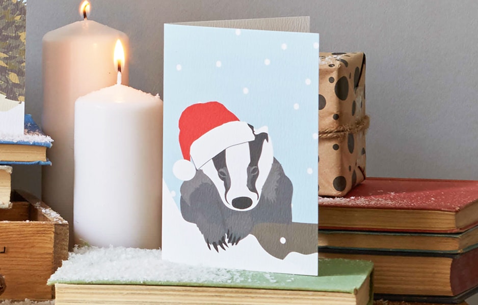 Christmas Card Luxury Designer Personalised Message Sustainable Environmentally Friendly paper from an FSC-certified supplier Plastic Free - Christmas Badger - badger christmas card designed by lorna syson