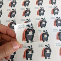 Special delivery superhero badger postage sticker by award-winning designer Lorna Syson
