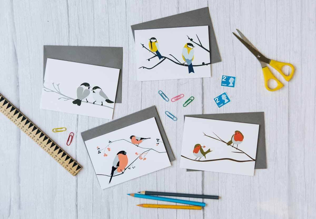 luxury greeting card, notelets, bird card, bird greeting card, designer cards, bird lovers, eco-friendly, FSC, blue tit, great tit, willow tit, robin, bullfinch