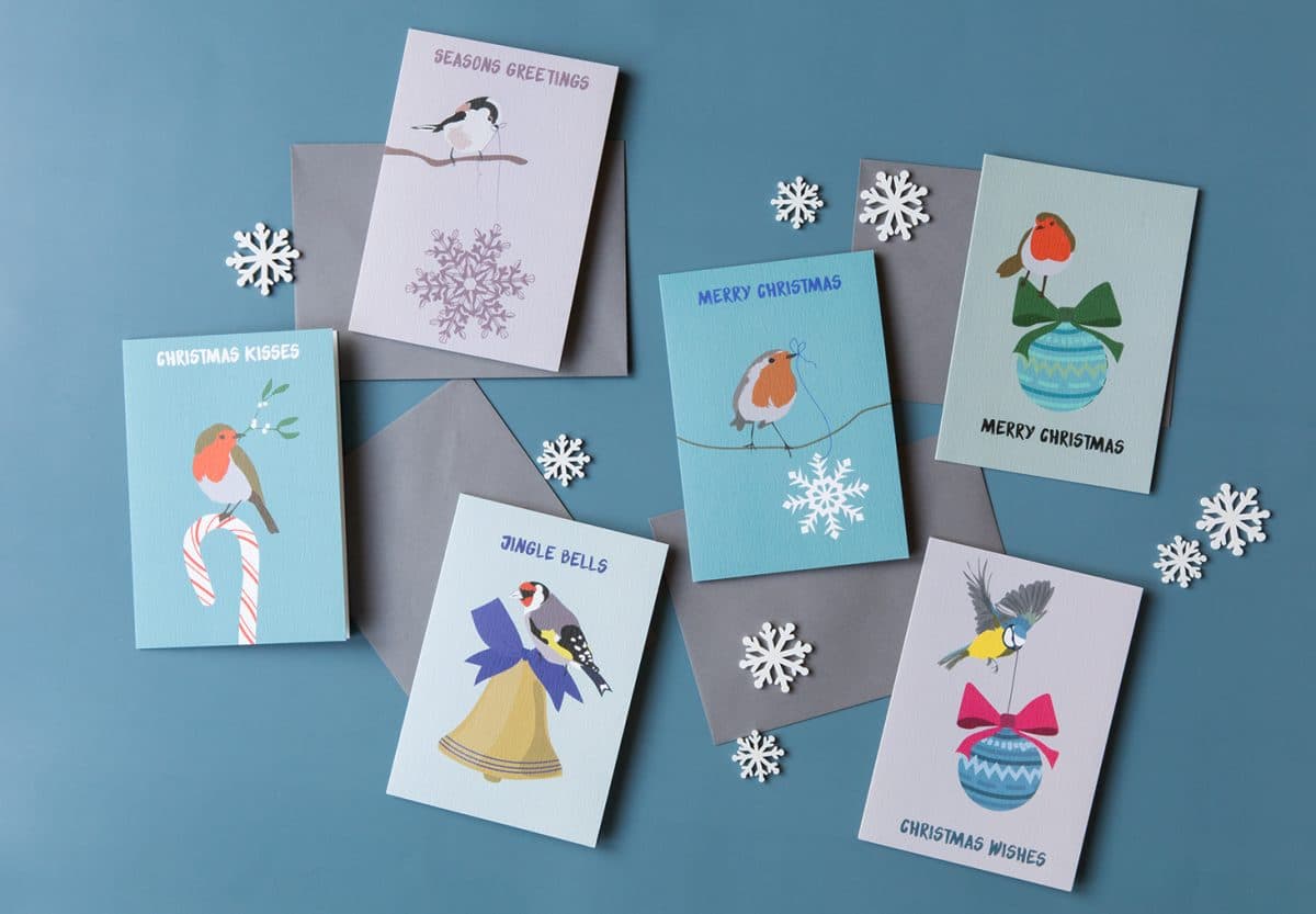 luxury christmas cards, bird christmas cards, christmas card, luxury cards, designer cards, bird cards, robin christmas card, bluetit christmas card, longtailed tit, goldfinch, greeting cards pack, FSC card, eco-friendly